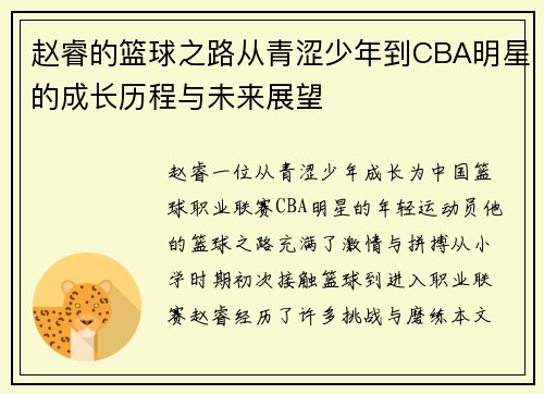 赵睿的篮球之路从青涩少年到CBA明星的成长历程与未来展望